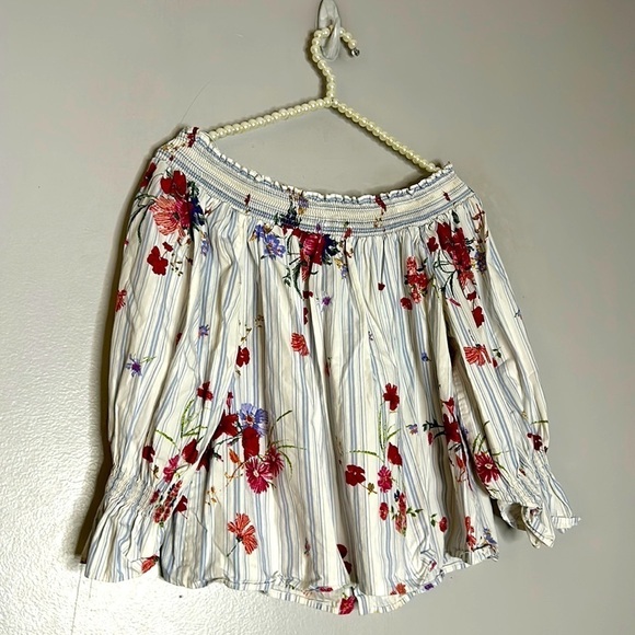 Zara women’s large garden floral stripe smocked romantic off the shoulder large - Picture 2 of 9